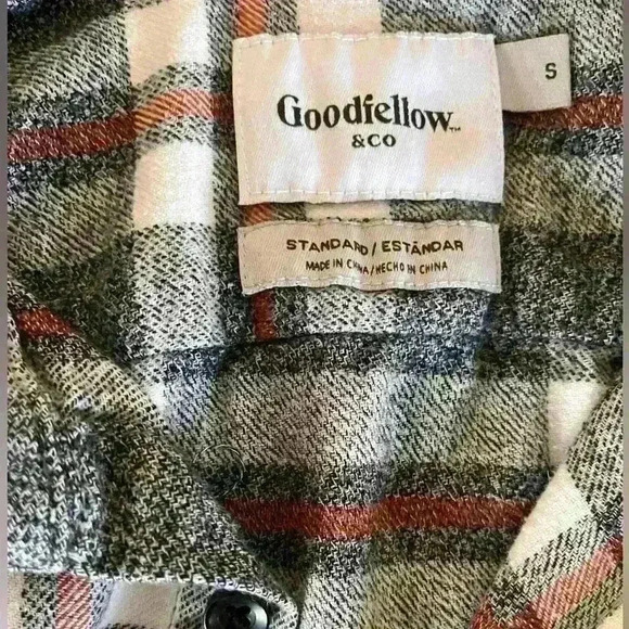 Goodfellow & Co Mens Flannel Shirt Sz S Gray Cream Button Front Long Sleeve - Picture 2 of 3